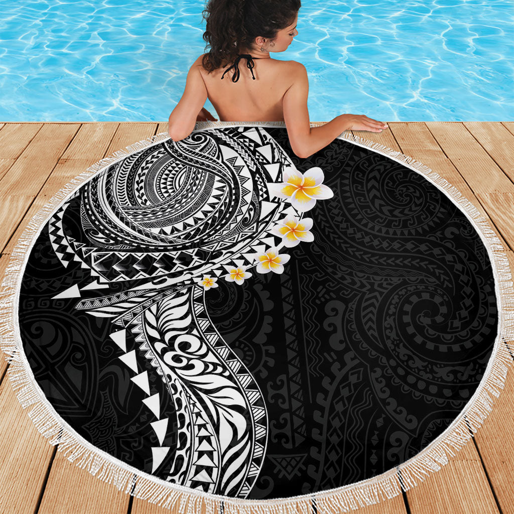Hawaiian Tribal Tattoo and Plumeria Beach Blanket Polynesian Pattern Black Color