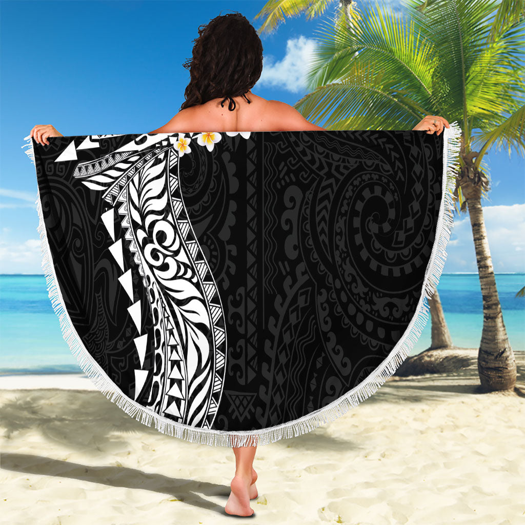 Hawaiian Tribal Tattoo and Plumeria Beach Blanket Polynesian Pattern Black Color