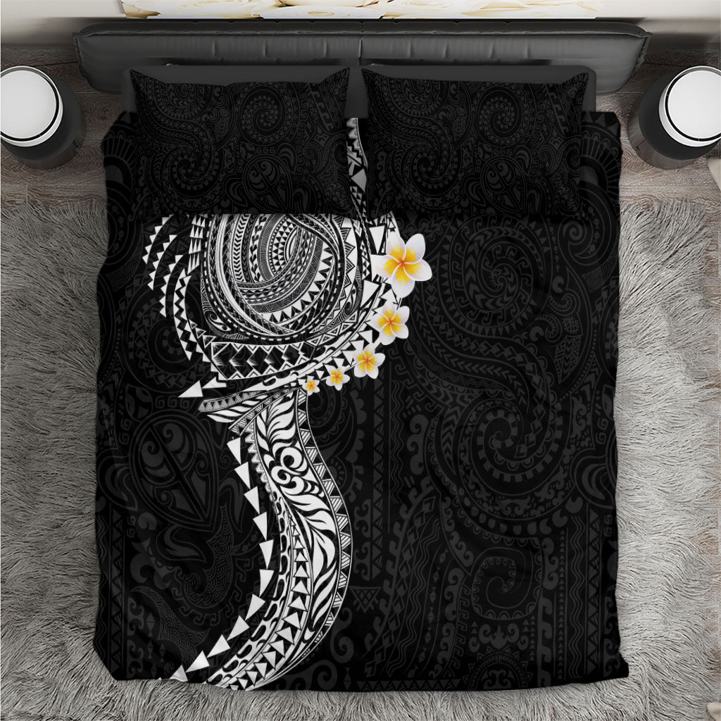 Hawaiian Tribal Tattoo and Plumeria Bedding Set Polynesian Pattern Black Color