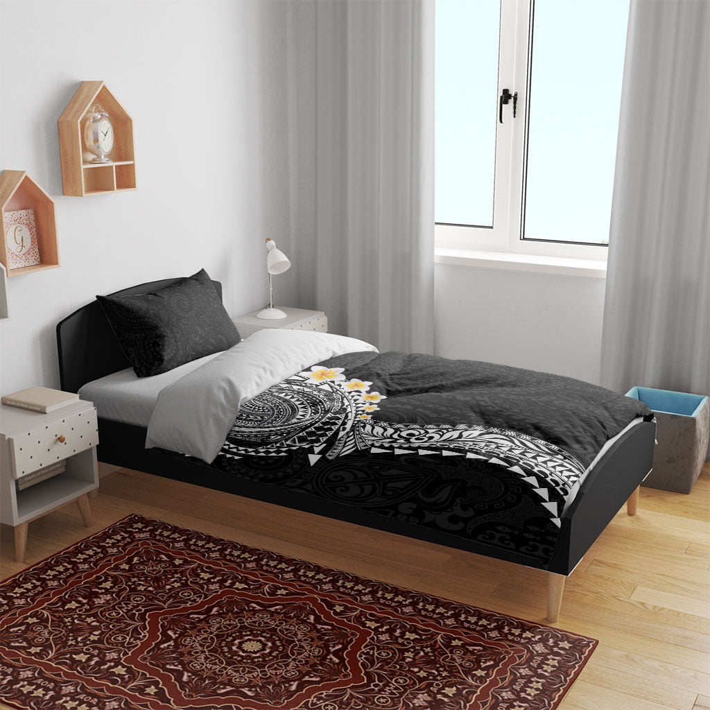 Hawaiian Tribal Tattoo and Plumeria Bedding Set Polynesian Pattern Black Color