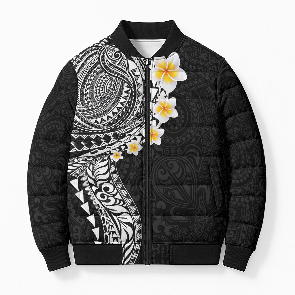 Hawaiian Tribal Tattoo and Plumeria Bomber Puffer Jacket Polynesian Pattern Black Color