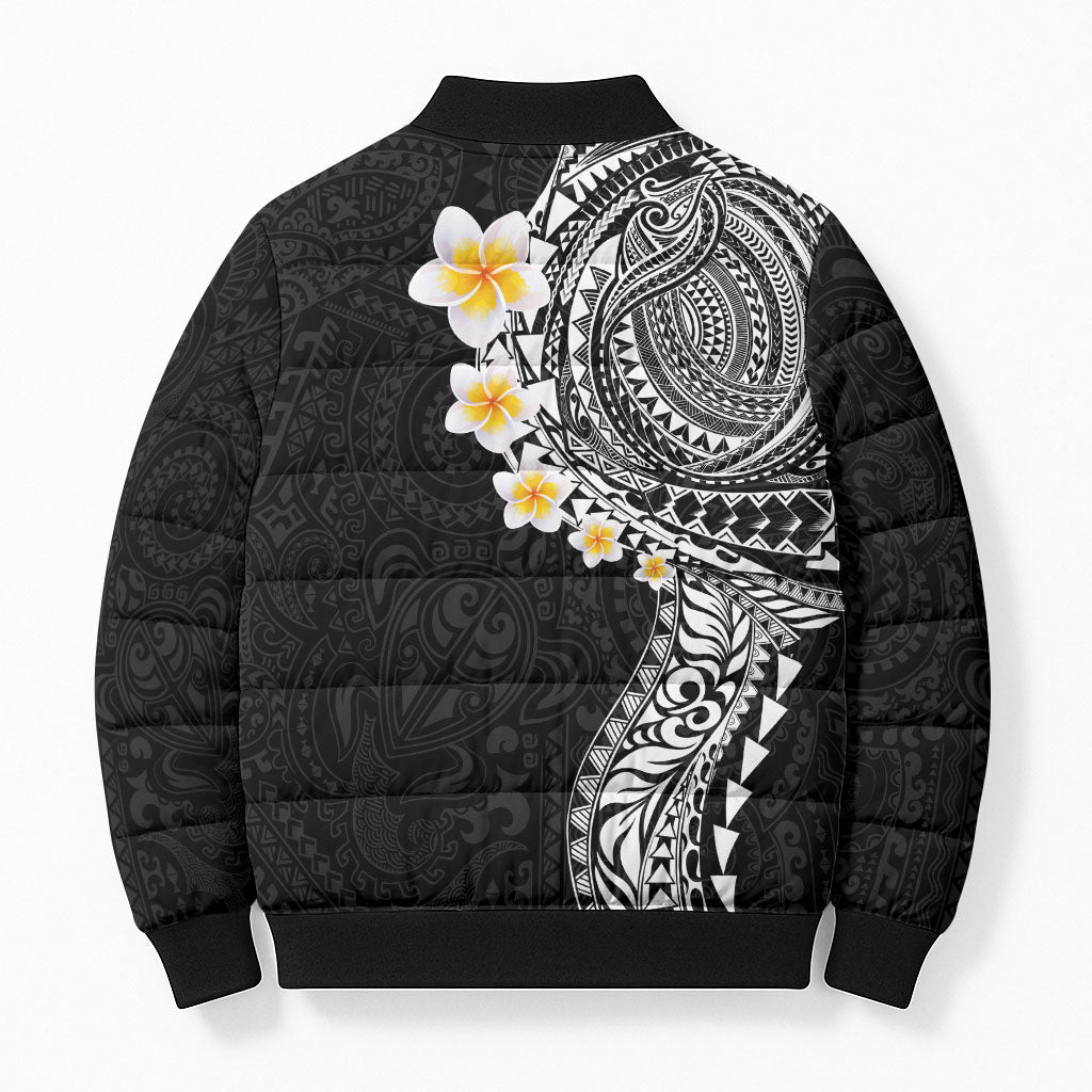 Hawaiian Tribal Tattoo and Plumeria Bomber Puffer Jacket Polynesian Pattern Black Color