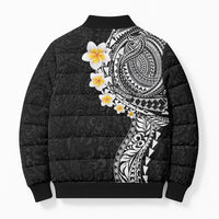 Hawaiian Tribal Tattoo and Plumeria Bomber Puffer Jacket Polynesian Pattern Black Color