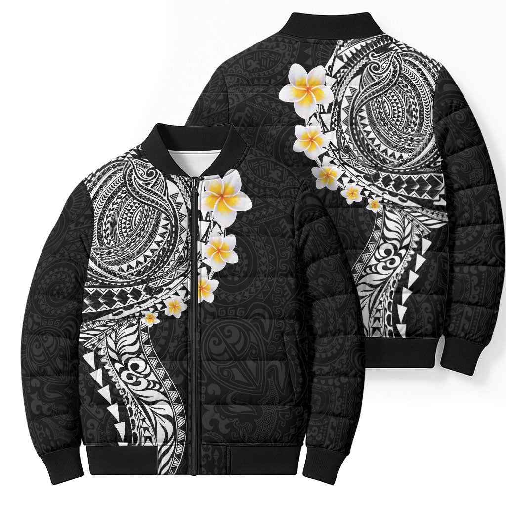 Hawaiian Tribal Tattoo and Plumeria Bomber Puffer Jacket Polynesian Pattern Black Color
