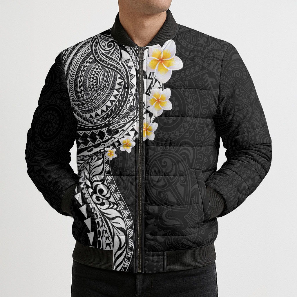 Hawaiian Tribal Tattoo and Plumeria Bomber Puffer Jacket Polynesian Pattern Black Color