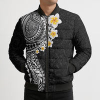Hawaiian Tribal Tattoo and Plumeria Bomber Puffer Jacket Polynesian Pattern Black Color