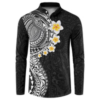 Hawaiian Tribal Tattoo and Plumeria Button Sweatshirt Polynesian Pattern Black Color
