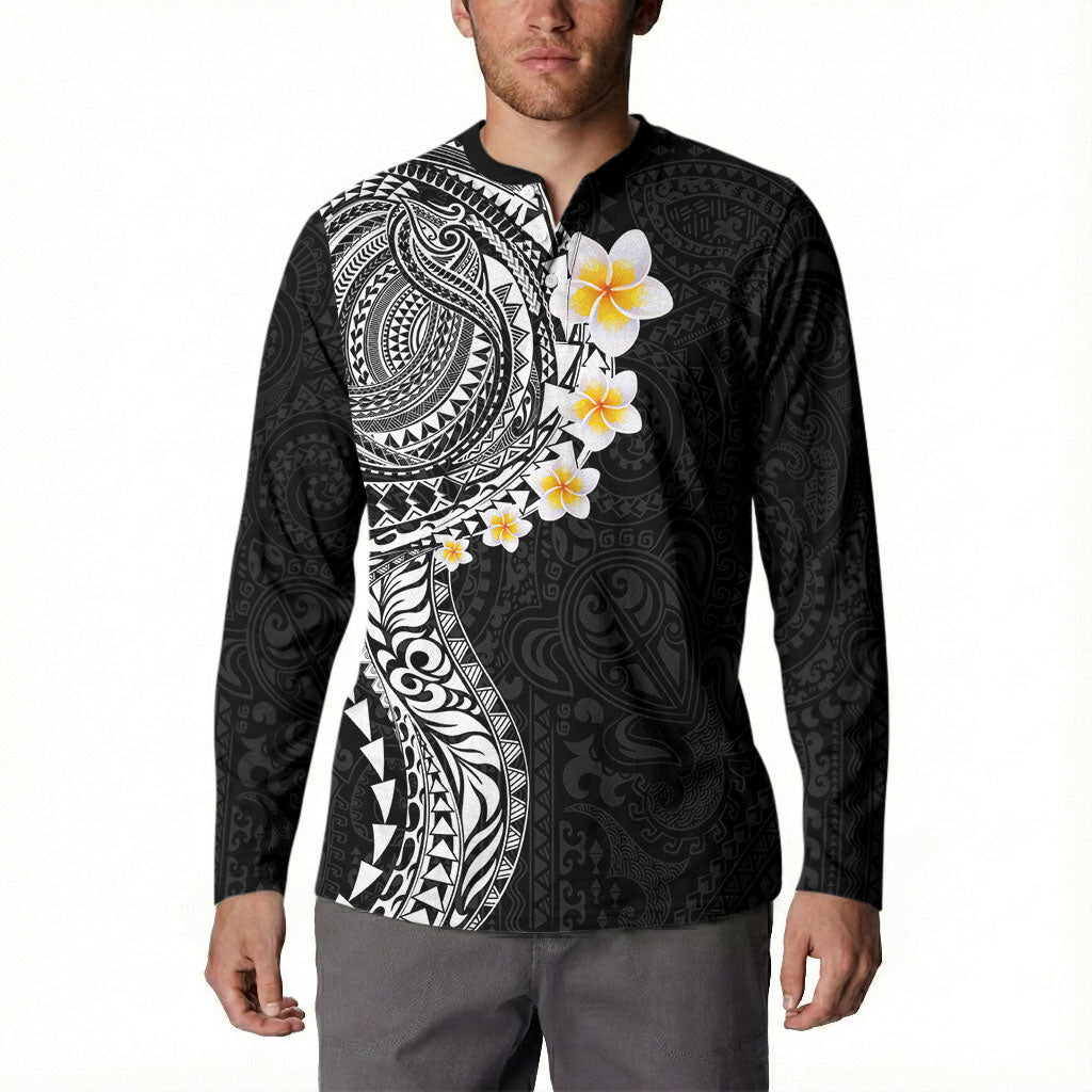 Hawaiian Tribal Tattoo and Plumeria Button Sweatshirt Polynesian Pattern Black Color