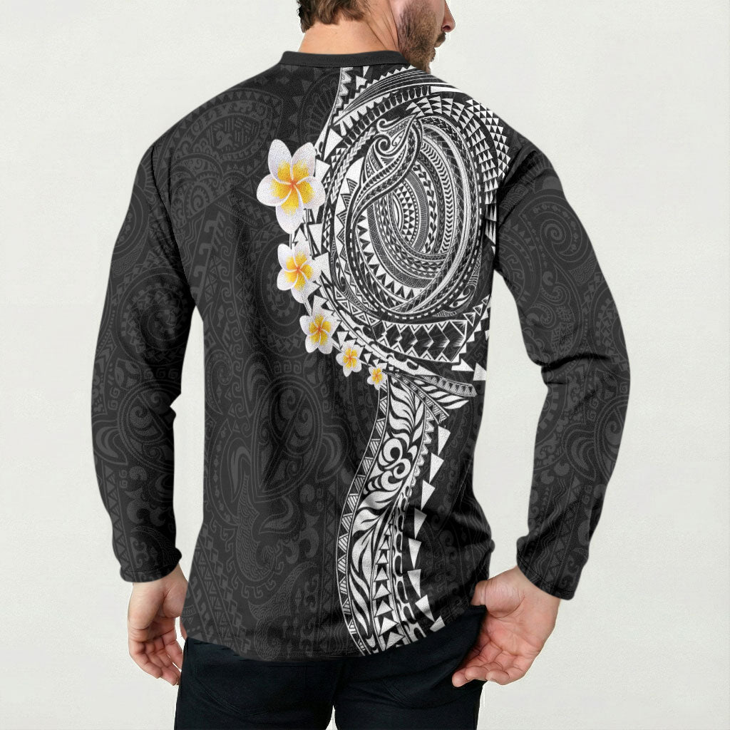Hawaiian Tribal Tattoo and Plumeria Button Sweatshirt Polynesian Pattern Black Color