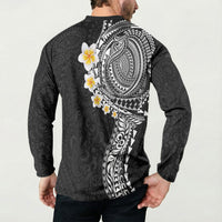 Hawaiian Tribal Tattoo and Plumeria Button Sweatshirt Polynesian Pattern Black Color