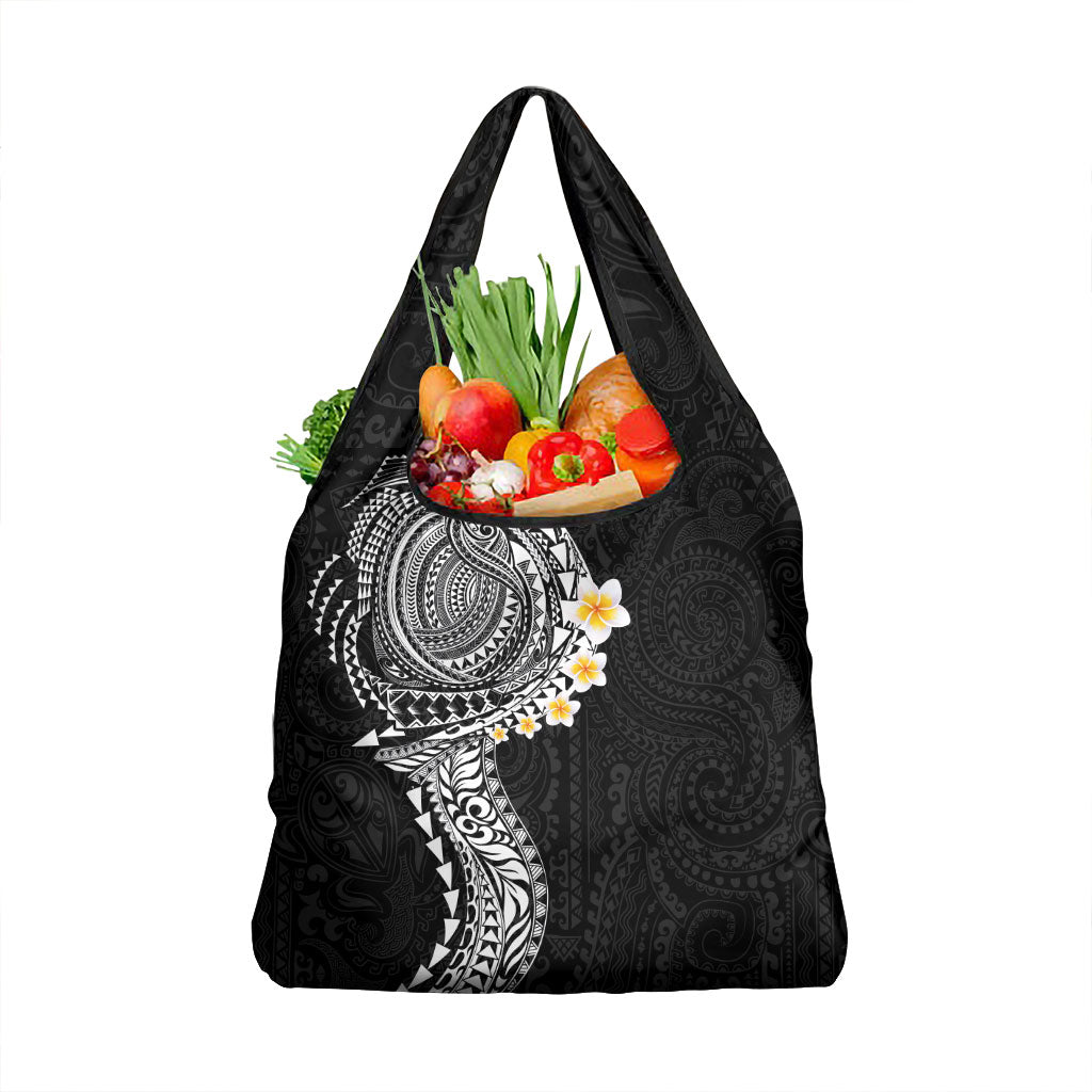 Hawaiian Tribal Tattoo and Plumeria Grocery Bag Polynesian Pattern Black Color