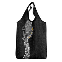 Hawaiian Tribal Tattoo and Plumeria Grocery Bag Polynesian Pattern Black Color