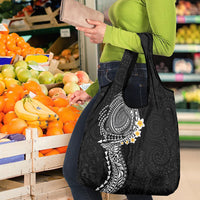 Hawaiian Tribal Tattoo and Plumeria Grocery Bag Polynesian Pattern Black Color