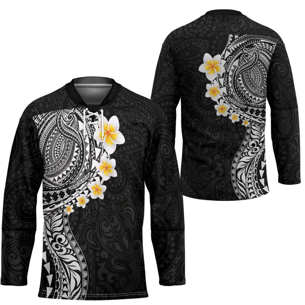 Hawaiian Tribal Tattoo and Plumeria Hockey Jersey Polynesian Pattern Black Color