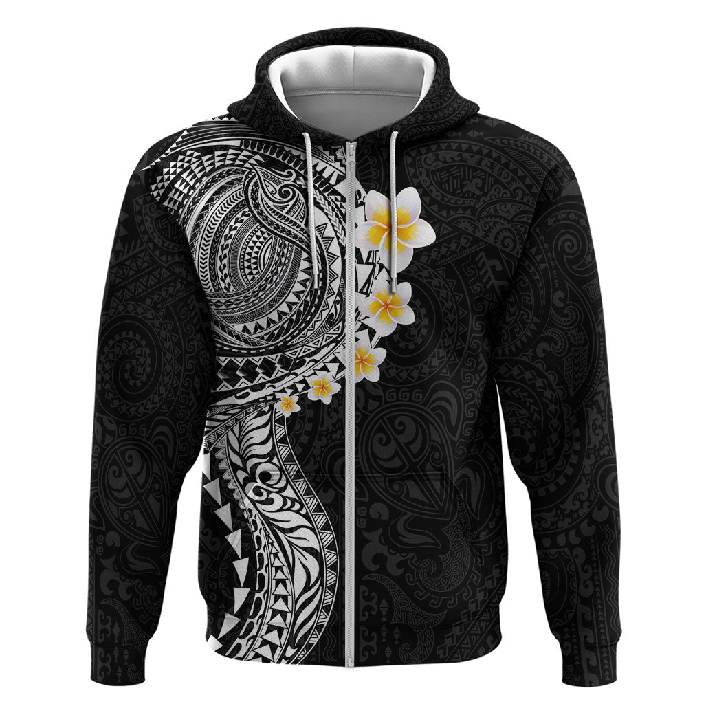 Hawaiian Tribal Tattoo and Plumeria Hoodie Polynesian Pattern Black Color