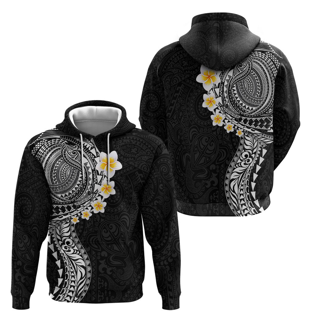 Hawaiian Tribal Tattoo and Plumeria Hoodie Polynesian Pattern Black Color
