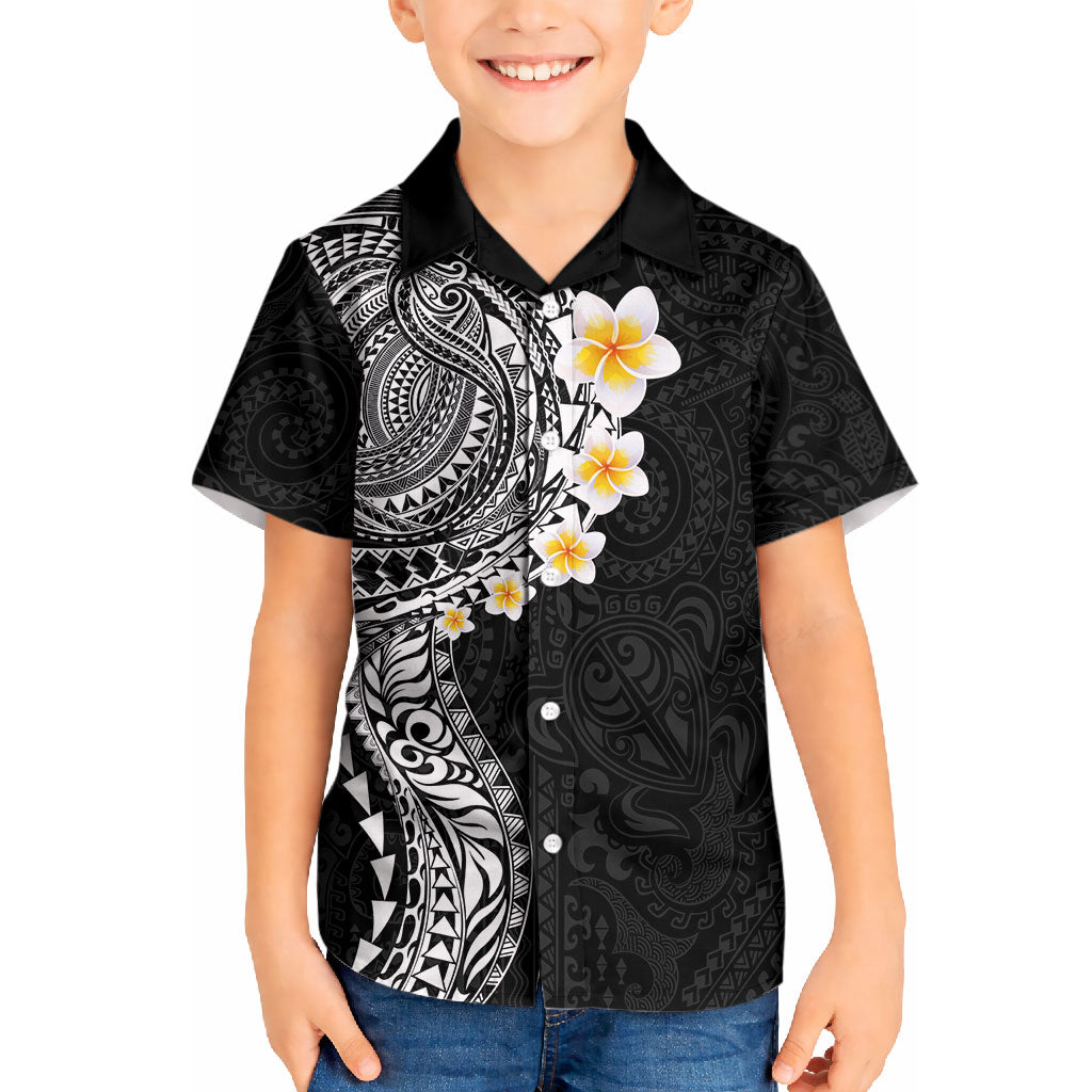 Hawaiian Tribal Tattoo and Plumeria Kid Hawaiian Shirt Polynesian Pattern Black Color