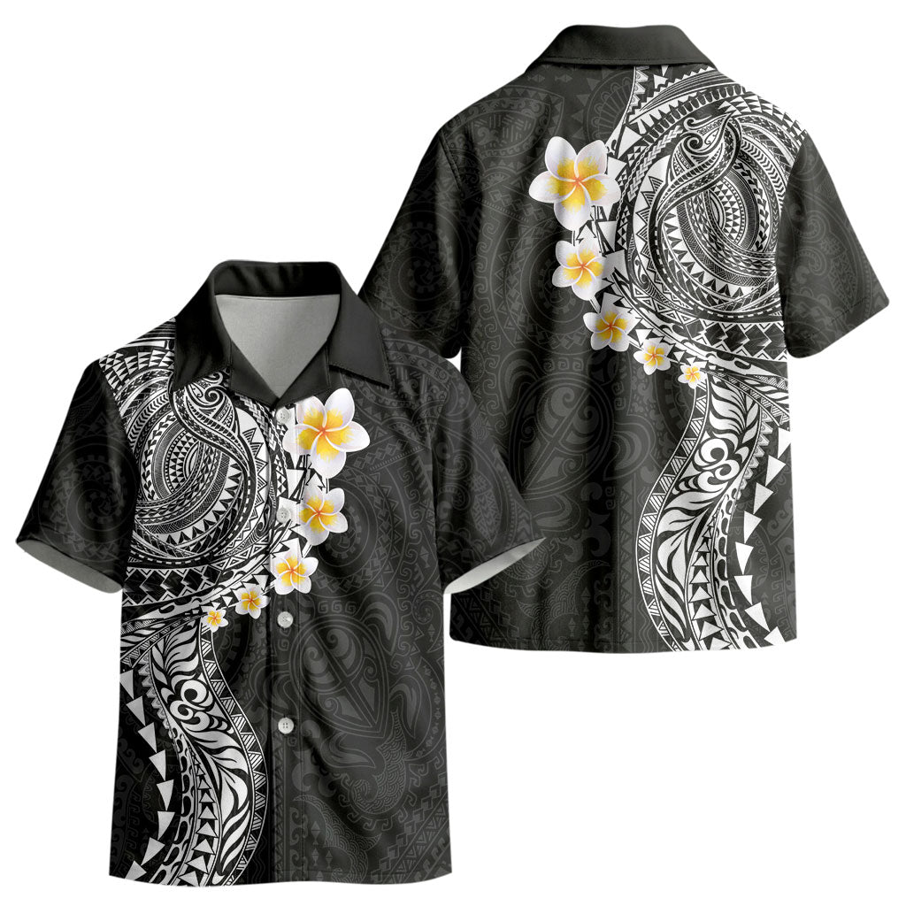 Hawaiian Tribal Tattoo and Plumeria Kid Hawaiian Shirt Polynesian Pattern Black Color