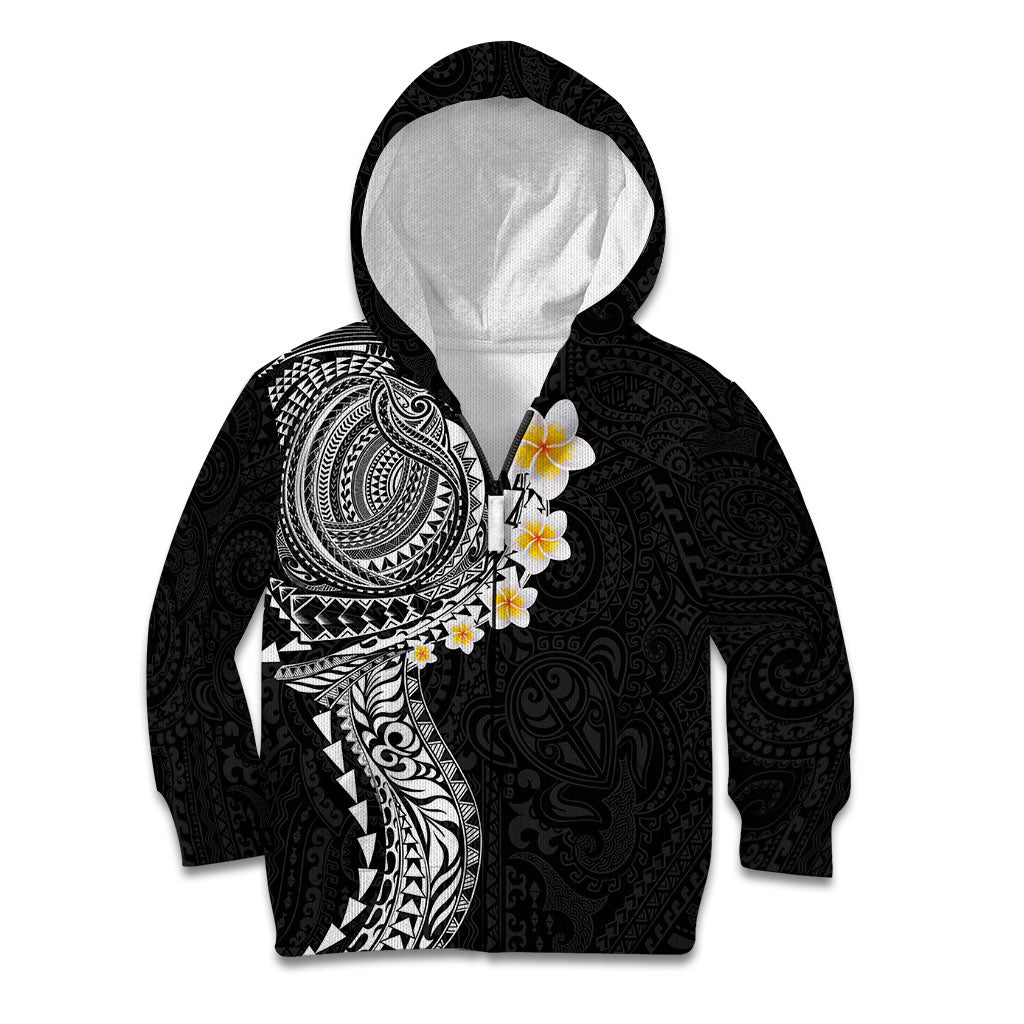 Hawaiian Tribal Tattoo and Plumeria Kid Hoodie Polynesian Pattern Black Color
