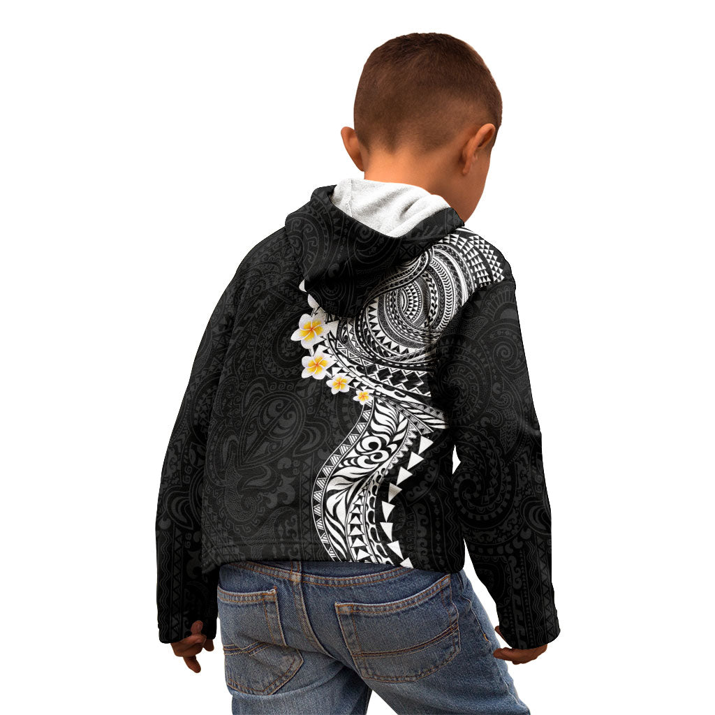 Hawaiian Tribal Tattoo and Plumeria Kid Hoodie Polynesian Pattern Black Color
