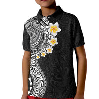 Hawaiian Tribal Tattoo and Plumeria Kid Polo Shirt Polynesian Pattern Black Color
