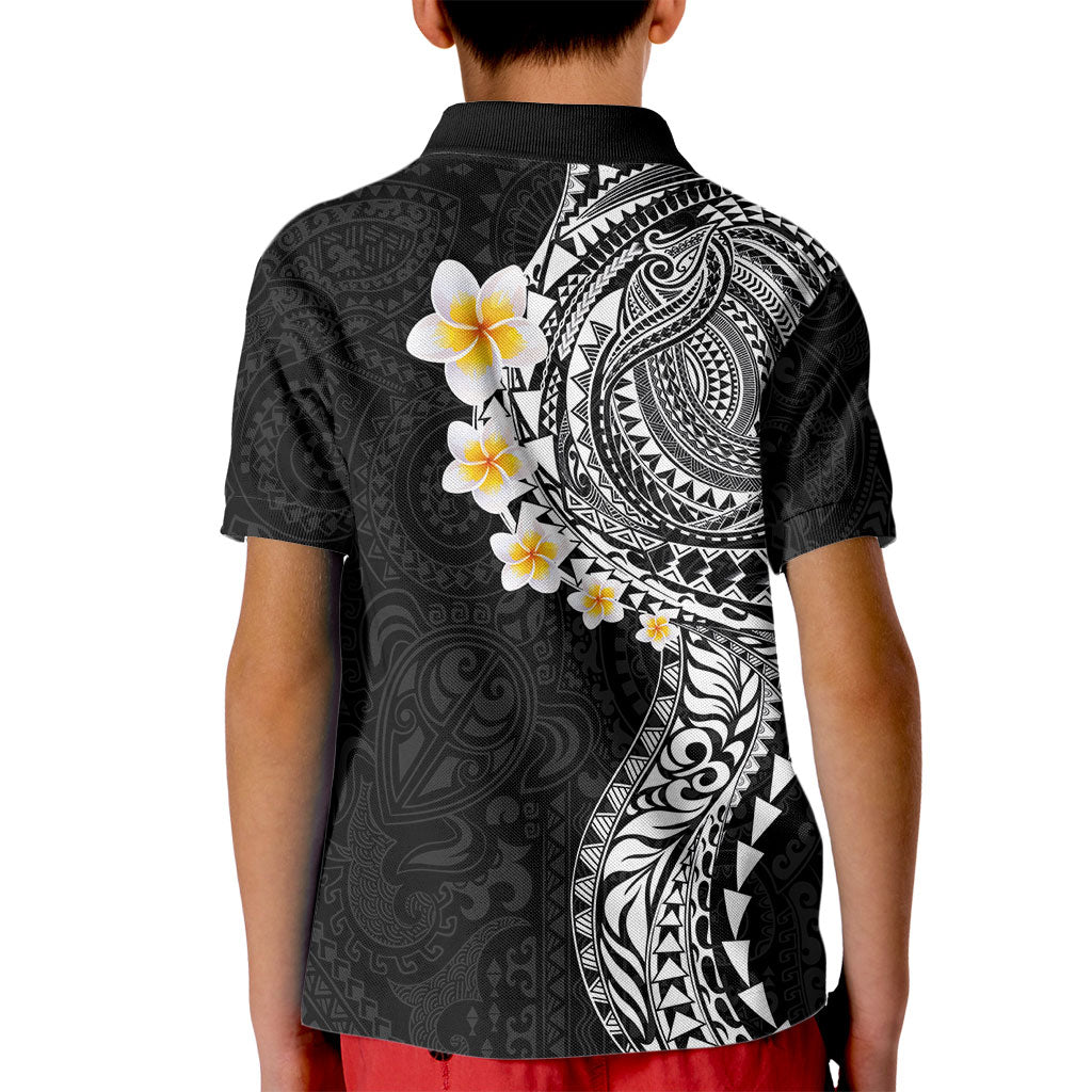 Hawaiian Tribal Tattoo and Plumeria Kid Polo Shirt Polynesian Pattern Black Color