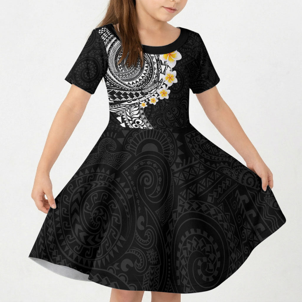Hawaiian Tribal Tattoo and Plumeria Kid Short Sleeve Dress Polynesian Pattern Black Color