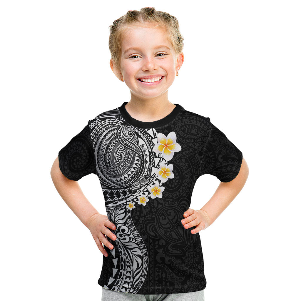 Hawaiian Tribal Tattoo and Plumeria Kid T Shirt Polynesian Pattern Black Color