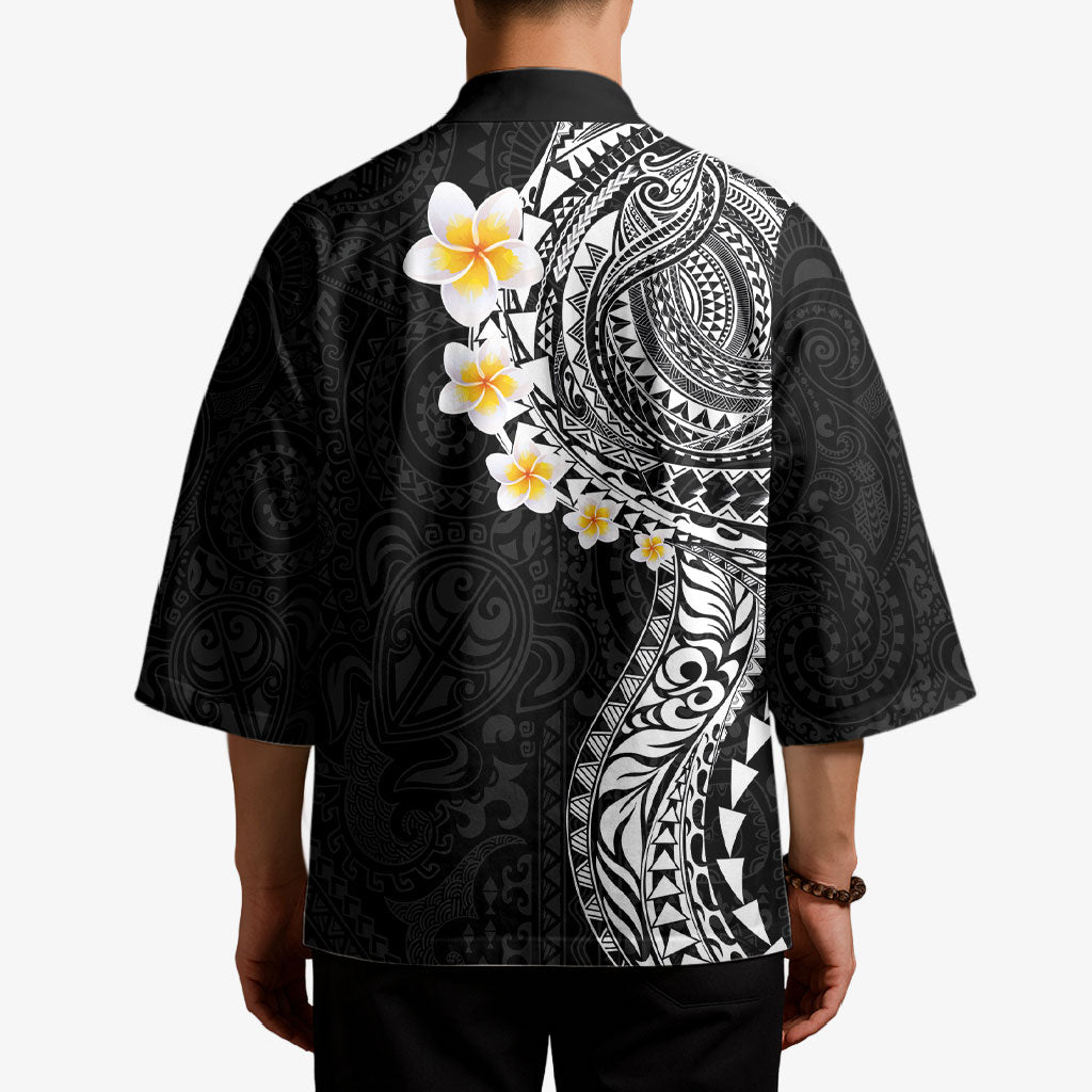 Hawaiian Tribal Tattoo and Plumeria Kimono Polynesian Pattern Black Color