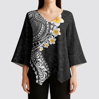 Hawaiian Tribal Tattoo and Plumeria Kimono Sleeve Blouse Polynesian Pattern Black Color