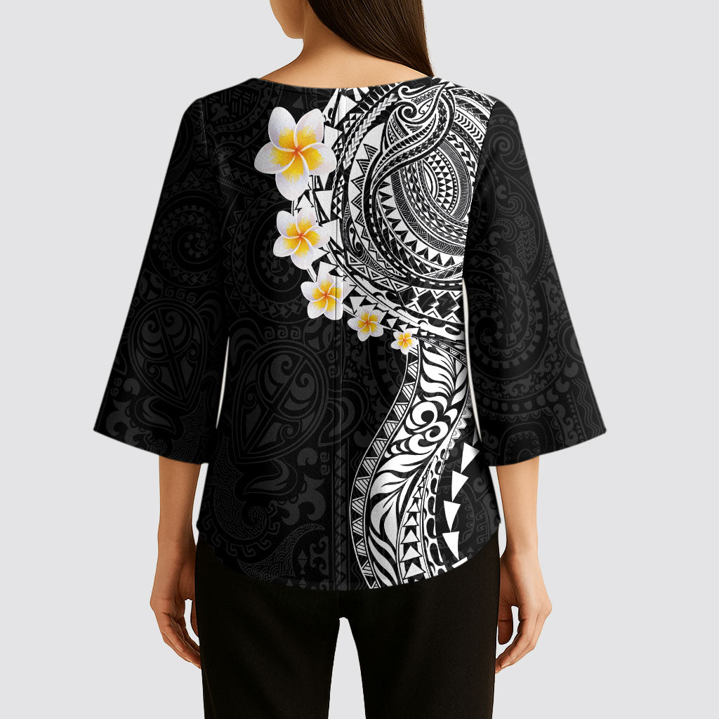 Hawaiian Tribal Tattoo and Plumeria Kimono Sleeve Blouse Polynesian Pattern Black Color
