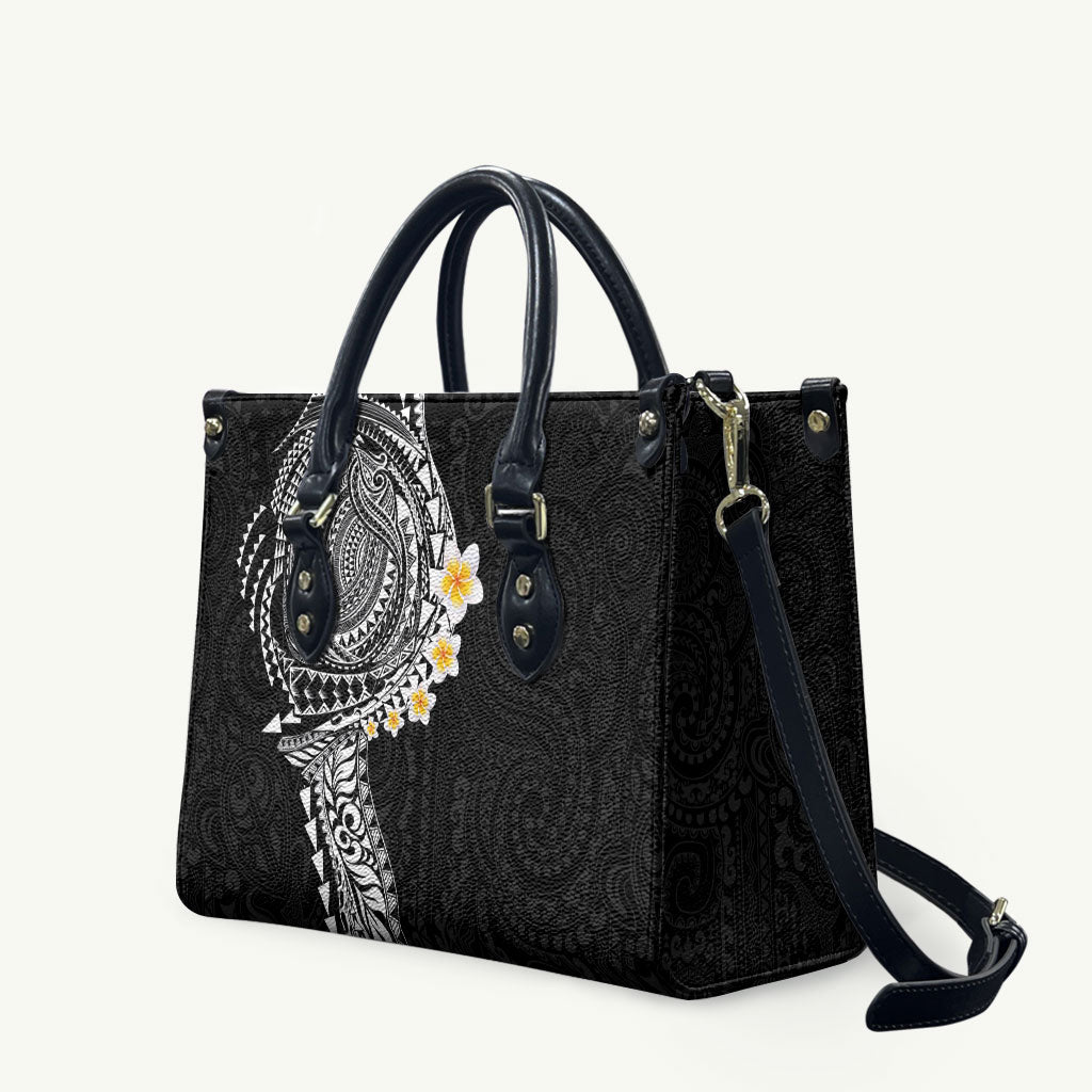 Hawaiian Tribal Tattoo and Plumeria Leather Bag Polynesian Pattern Black Color