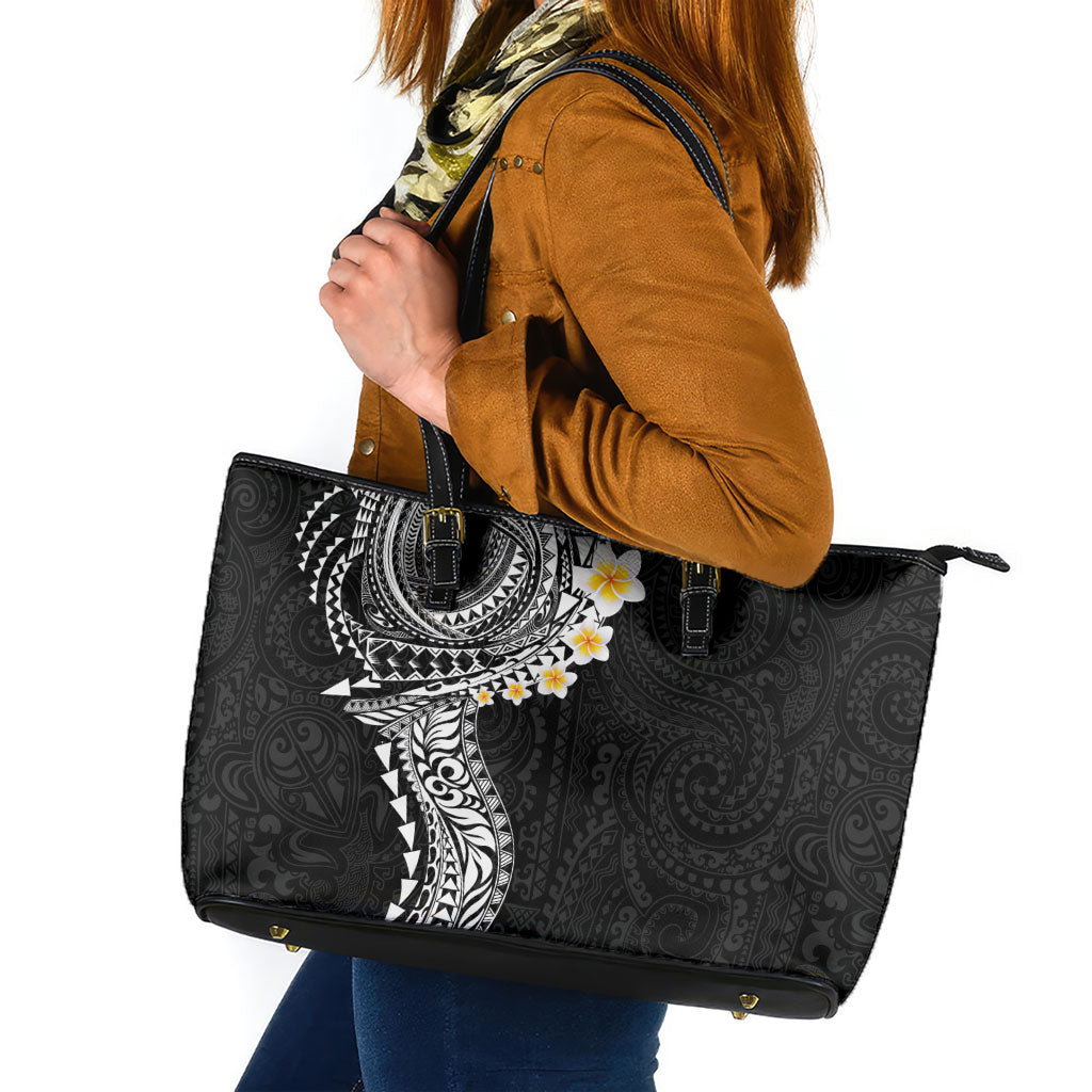 Hawaiian Tribal Tattoo and Plumeria Leather Tote Bag Polynesian Pattern Black Color