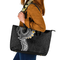 Hawaiian Tribal Tattoo and Plumeria Leather Tote Bag Polynesian Pattern Black Color