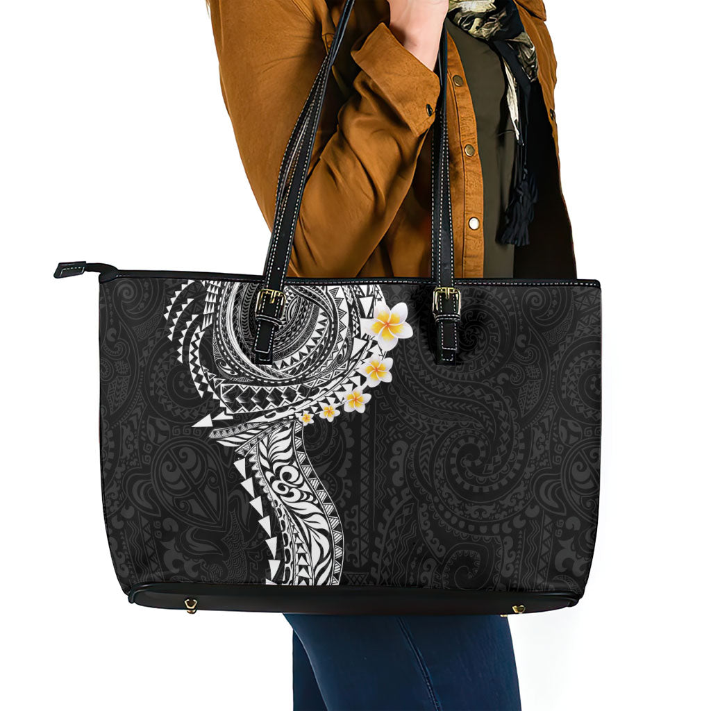 Hawaiian Tribal Tattoo and Plumeria Leather Tote Bag Polynesian Pattern Black Color