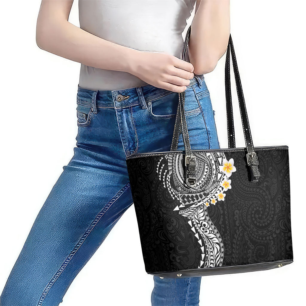 Hawaiian Tribal Tattoo and Plumeria Leather Tote Bag Polynesian Pattern Black Color