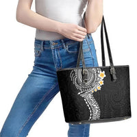 Hawaiian Tribal Tattoo and Plumeria Leather Tote Bag Polynesian Pattern Black Color