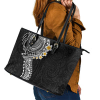 Hawaiian Tribal Tattoo and Plumeria Leather Tote Bag Polynesian Pattern Black Color