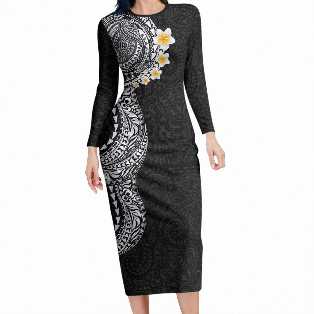 Hawaiian Tribal Tattoo and Plumeria Long Sleeve Bodycon Dress Polynesian Pattern Black Color