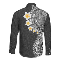 Hawaiian Tribal Tattoo and Plumeria Long Sleeve Button Shirt Polynesian Pattern Black Color