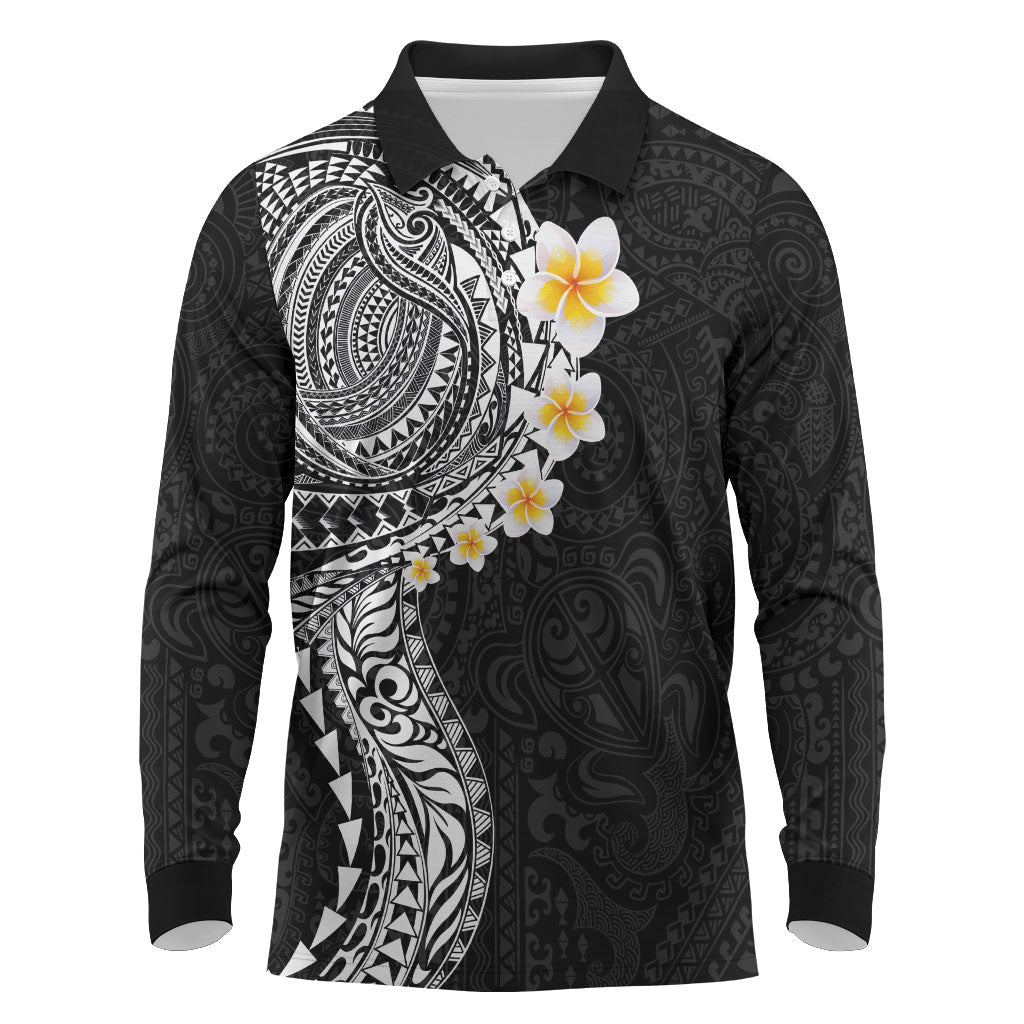 Hawaiian Tribal Tattoo and Plumeria Long Sleeve Polo Shirt Polynesian Pattern Black Color