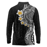 Hawaiian Tribal Tattoo and Plumeria Long Sleeve Polo Shirt Polynesian Pattern Black Color