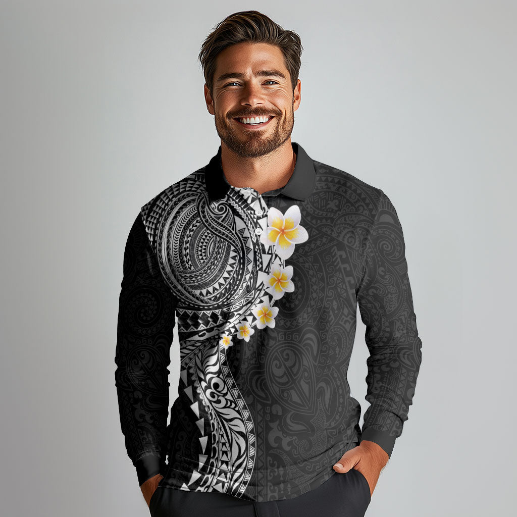 Hawaiian Tribal Tattoo and Plumeria Long Sleeve Polo Shirt Polynesian Pattern Black Color