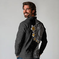 Hawaiian Tribal Tattoo and Plumeria Long Sleeve Polo Shirt Polynesian Pattern Black Color