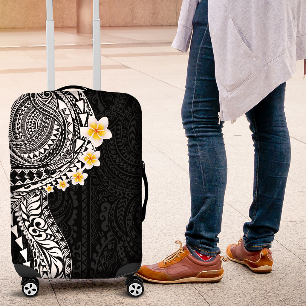 Hawaiian Tribal Tattoo and Plumeria Luggage Cover Polynesian Pattern Black Color