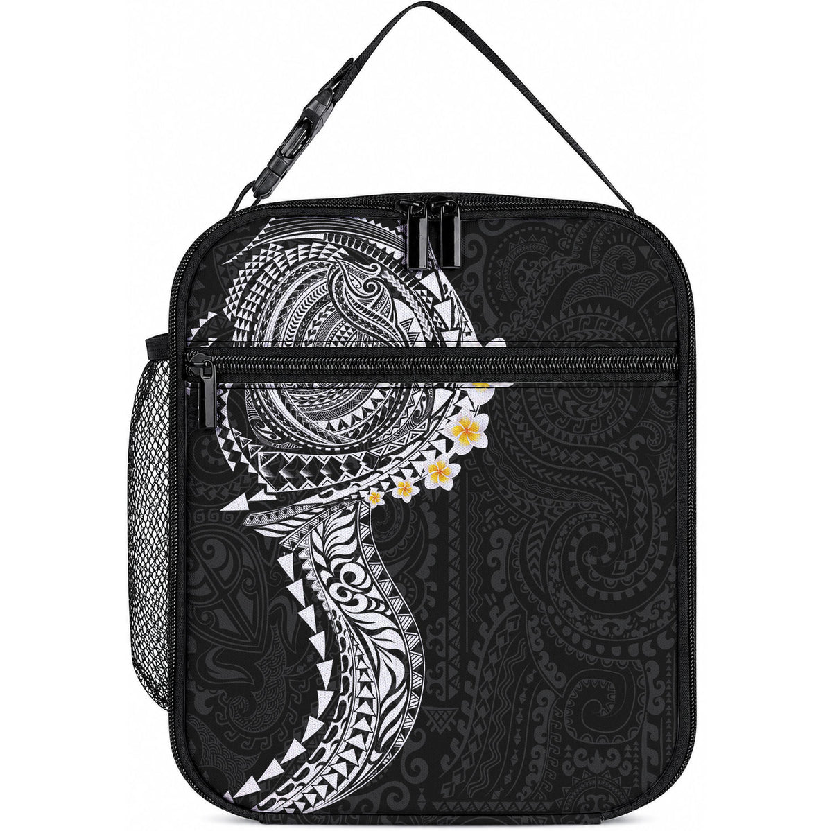 Hawaiian Tribal Tattoo and Plumeria Lunch Bag Polynesian Pattern Black Color