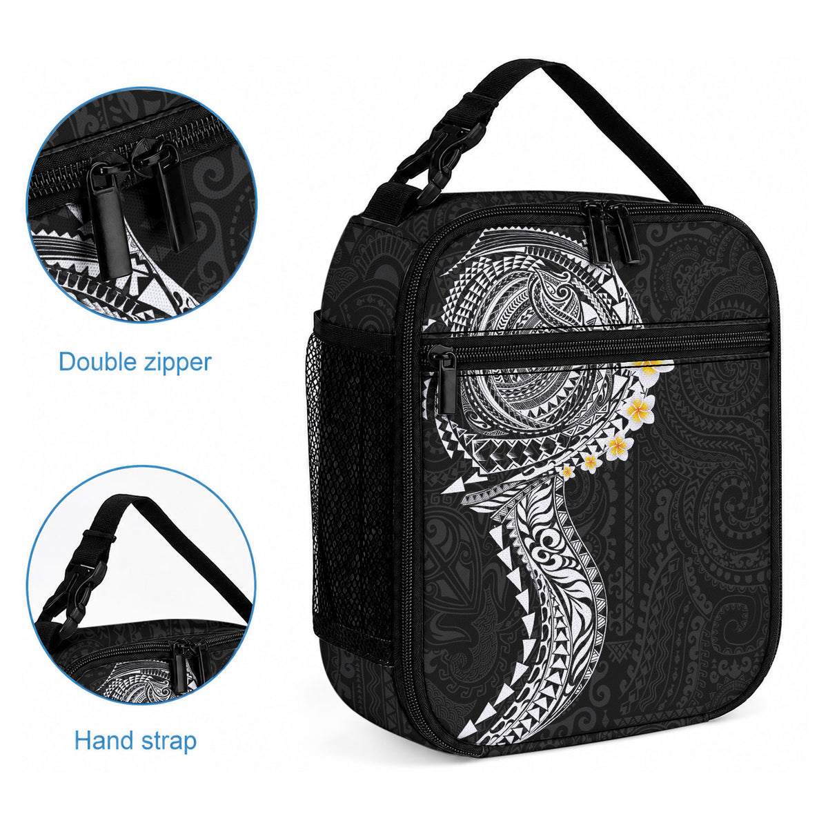 Hawaiian Tribal Tattoo and Plumeria Lunch Bag Polynesian Pattern Black Color