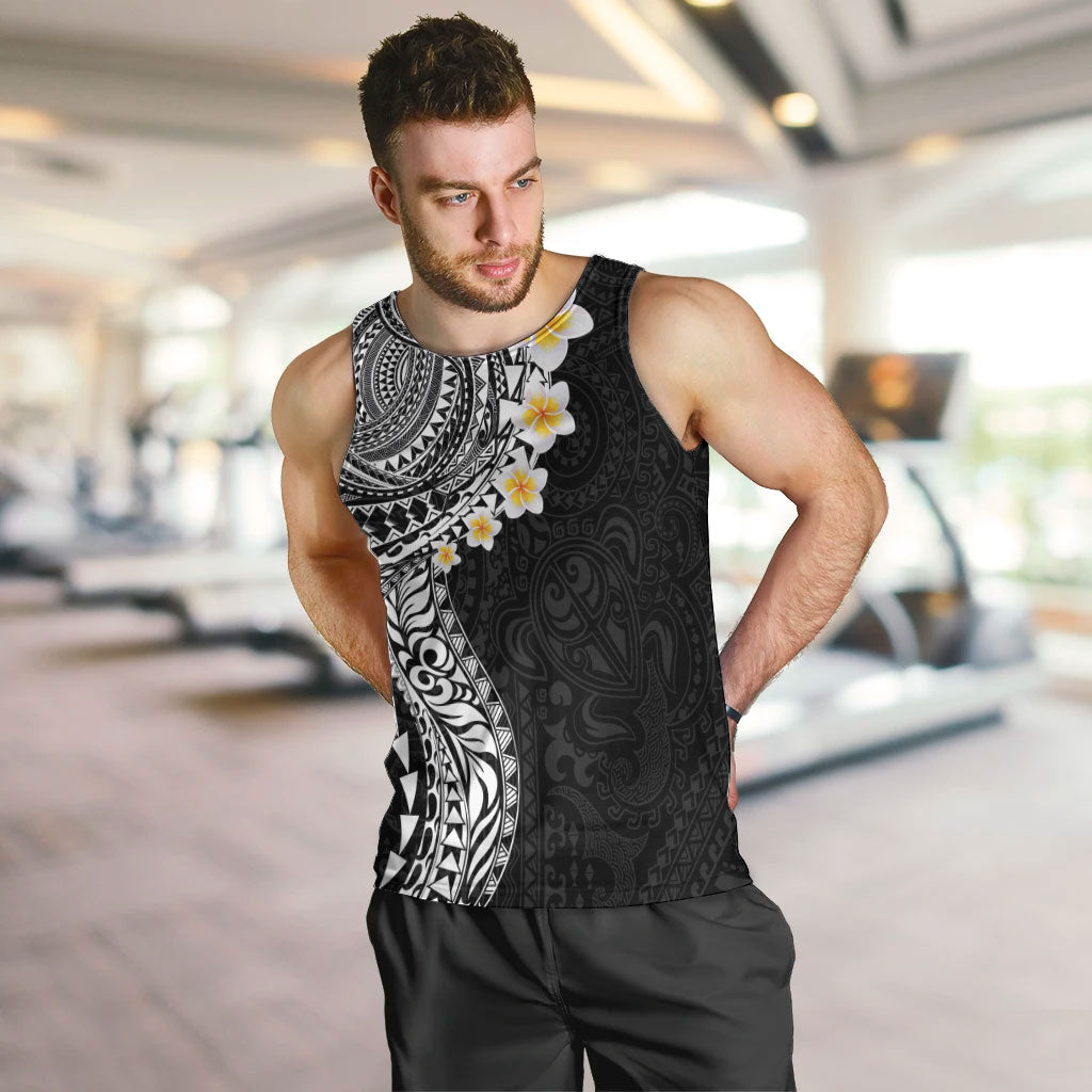 Hawaiian Tribal Tattoo and Plumeria Men Tank Top Polynesian Pattern Black Color