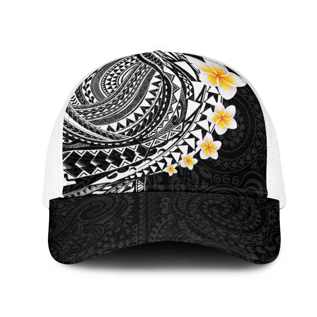 Hawaiian Tribal Tattoo and Plumeria Mesh Trucker Cap Polynesian Pattern Black Color