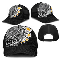 Hawaiian Tribal Tattoo and Plumeria Mesh Trucker Cap Polynesian Pattern Black Color